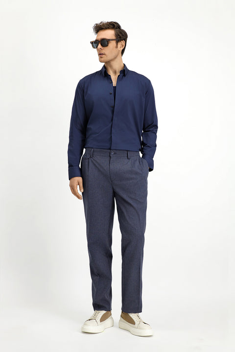 Dark Navy 6 Drop Regular Fit Standard Cut Striped Linen Blend Pleated Classic Fabric Trousers