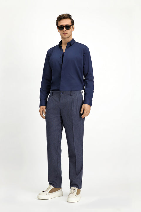 Dark Navy 6 Drop Regular Fit Standard Cut Striped Linen Blend Pleated Classic Fabric Trousers