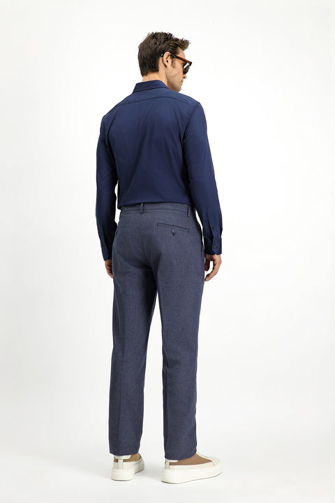 Dark Navy 6 Drop Regular Fit Standard Cut Striped Linen Blend Pleated Classic Fabric Trousers