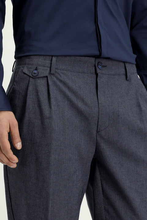 Dark Navy 6 Drop Regular Fit Standard Cut Striped Linen Blend Pleated Classic Fabric Trousers