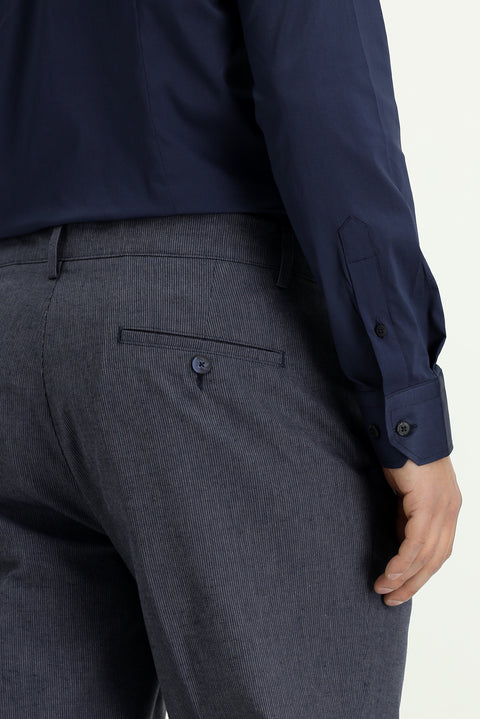 Dark Navy 6 Drop Regular Fit Standard Cut Striped Linen Blend Pleated Classic Fabric Trousers