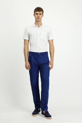  Saks Mavi 6 Drop Regular Fit Standart Kesim Çizgili Keten Karışımlı Pileli Klasik Kumaş Pantolon