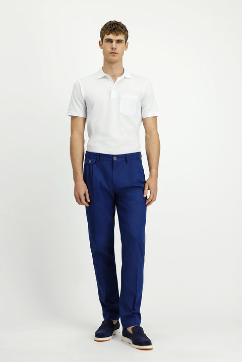 Navy Blue 6 Drop Regular Fit Standard Cut Striped Linen Blend Pleated Classic Fabric Trousers