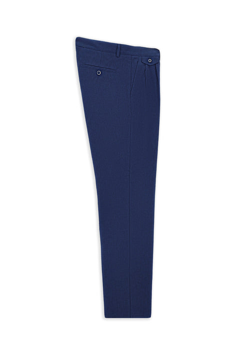 Navy Blue 6 Drop Regular Fit Standard Cut Striped Linen Blend Pleated Classic Fabric Trousers
