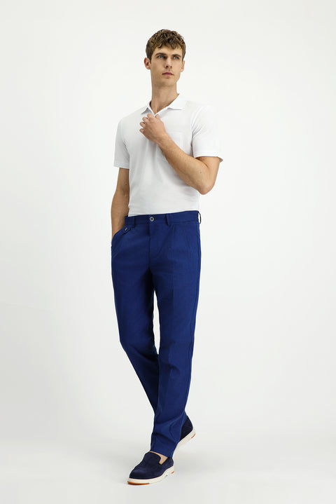 Navy Blue 6 Drop Regular Fit Standard Cut Striped Linen Blend Pleated Classic Fabric Trousers