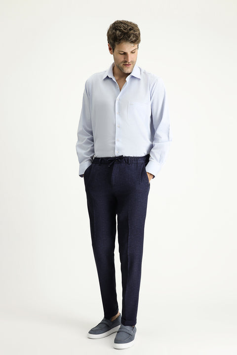Dark Navy 7 Drop Super Slim Fit Extra Narrow Cut Lycra Elastic Waist Drawstring Classic Fabric Trousers