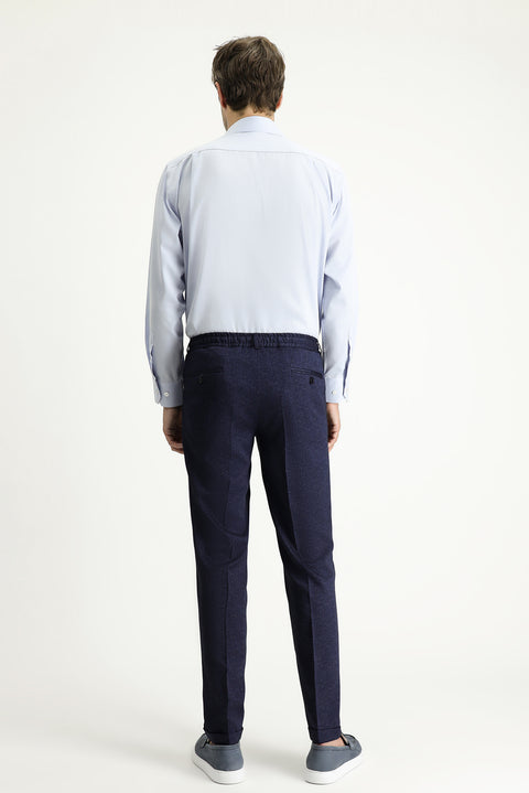 Dark Navy 7 Drop Super Slim Fit Extra Narrow Cut Lycra Elastic Waist Drawstring Classic Fabric Trousers