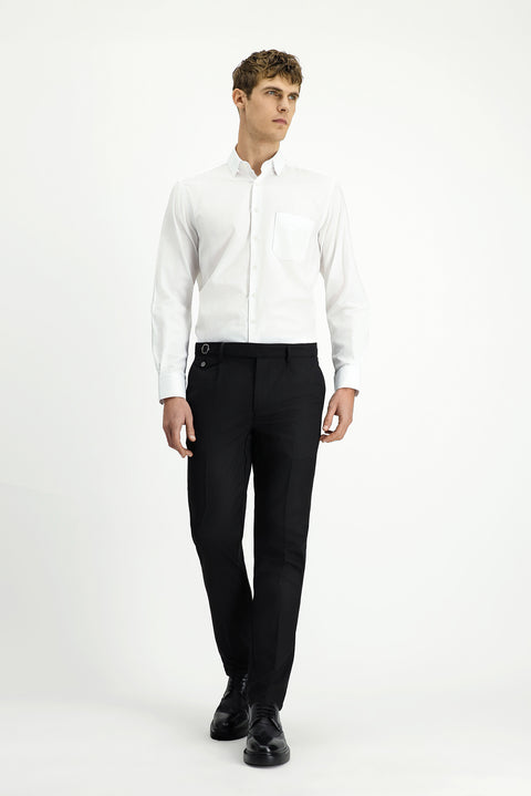 Siyah 7 Drop Slim Fit Dar Kesim Likralı Desenli Tokalı Pileli Klasik Kumaş Pantolon