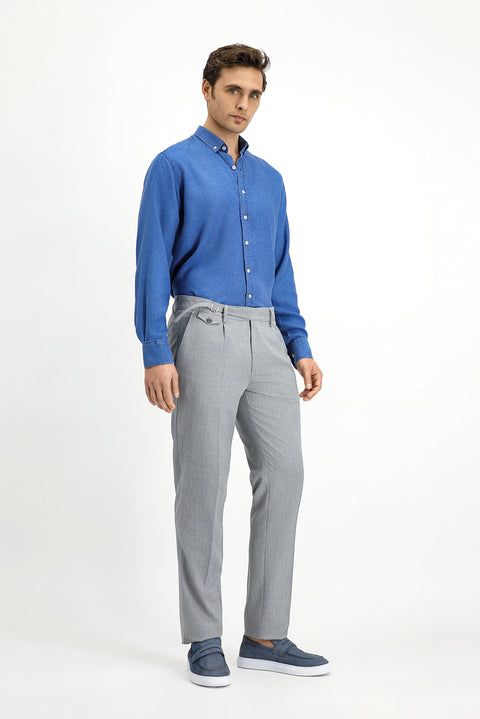 Light Grey 7 Drop Slim Fit Narrow Cut Lycra Patterned Buckle Pleated Classic Fabric Trousers