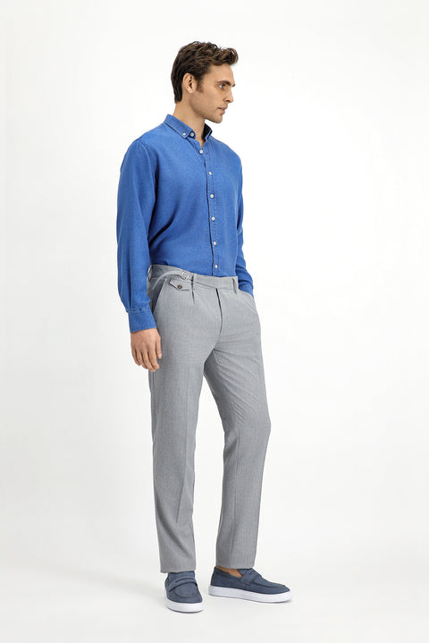 Light Grey 7 Drop Slim Fit Narrow Cut Lycra Patterned Buckle Pleated Classic Fabric Trousers