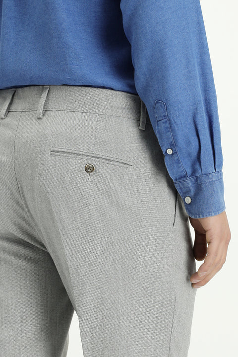Light Grey 7 Drop Slim Fit Narrow Cut Lycra Patterned Buckle Pleated Classic Fabric Trousers