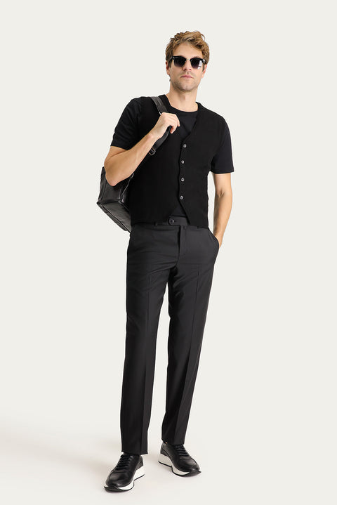 Black 4-Drop Relaxed Fit Casual Cut Classic Wool Fabric Trousers