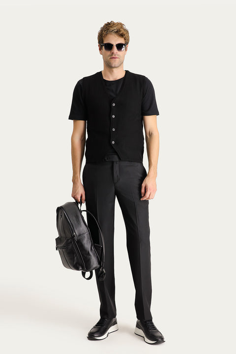 Black 6 Drop Regular Fit Standard Cut Classic Fabric Wool Trousers
