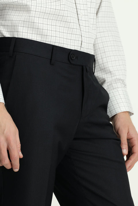 Black 6 Drop Regular Fit Standard Cut Striped Classic Fabric Trousers
