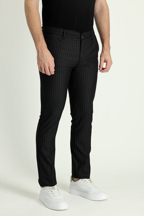 Siyah 7 Drop Slim Fit Dar Kesim Beli Lastikli Çizgili Likralı Klasik Kumaş Pantolon
