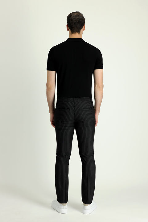 Siyah 7 Drop Slim Fit Dar Kesim Beli Lastikli Çizgili Likralı Klasik Kumaş Pantolon