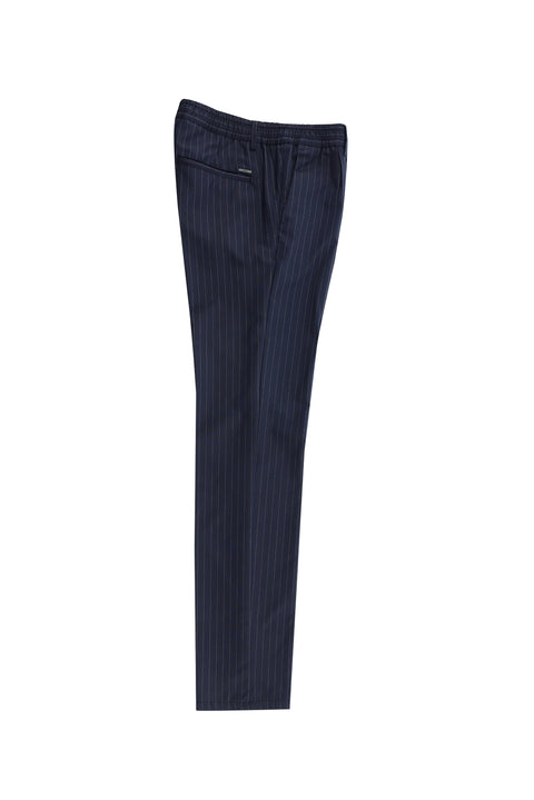 Medium Navy 7 Drop Slim Fit, Elastic Waist, Striped, Lycra Classic Fabric Trousers
