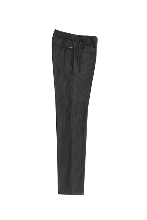 Medium Anthracite 7 Drop Slim Fit Narrow Cut Elastic Waist Striped Lycra Classic Fabric Trousers
