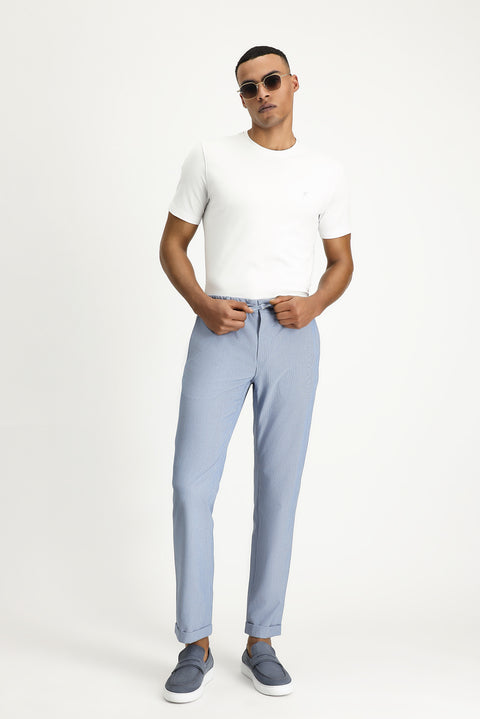 Blue 6 Drop Regular Fit Standard Cut Elastic Waist Drawstring Patterned Wavy Lycra Classic Fabric Trousers