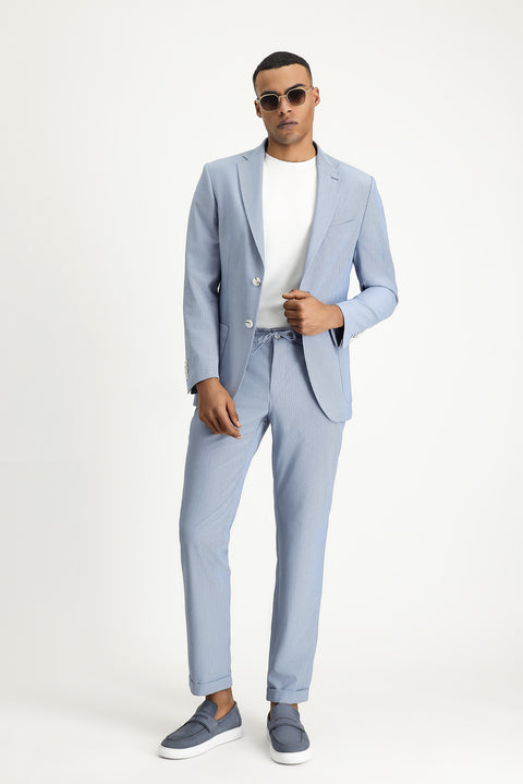 Blue 6 Drop Regular Fit Standard Cut Elastic Waist Drawstring Patterned Wavy Lycra Classic Fabric Trousers