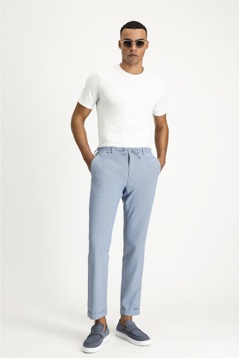 Blue 6 Drop Regular Fit Standard Cut Elastic Waist Drawstring Patterned Wavy Lycra Classic Fabric Trousers