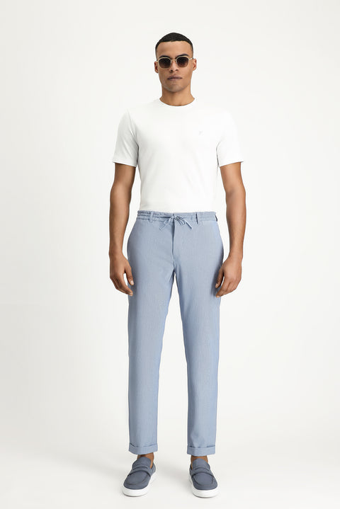 Blue 6 Drop Regular Fit Standard Cut Elastic Waist Drawstring Patterned Wavy Lycra Classic Fabric Trousers