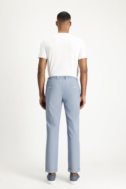 Blue 6 Drop Regular Fit Standard Cut Elastic Waist Drawstring Patterned Wavy Lycra Classic Fabric Trousers