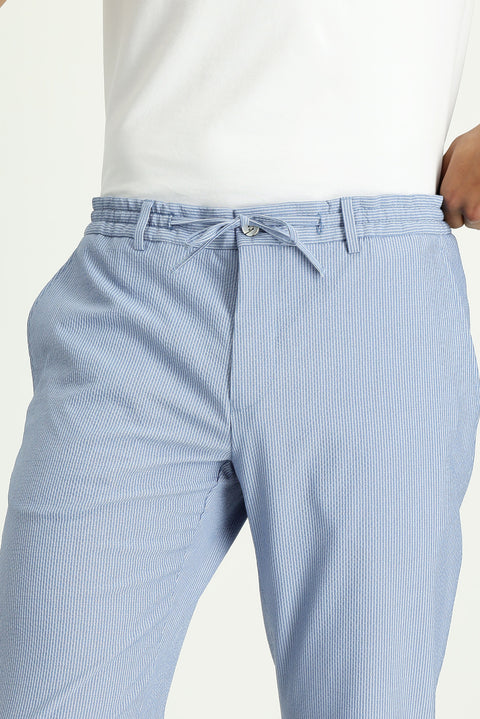 Blue 6 Drop Regular Fit Standard Cut Elastic Waist Drawstring Patterned Wavy Lycra Classic Fabric Trousers