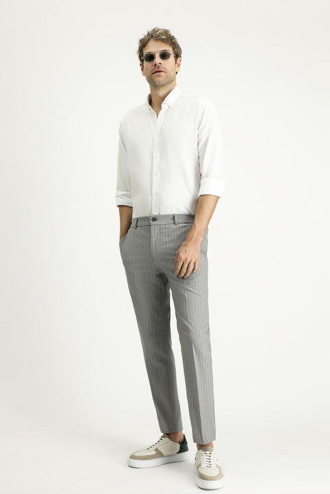 Medium Grey 7 Drop Slim Fit Narrow Cut Elastic Waist Lycra Striped Classic Fabric Trousers