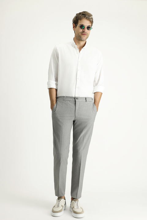 Medium Grey 7 Drop Slim Fit Narrow Cut Elastic Waist Lycra Striped Classic Fabric Trousers