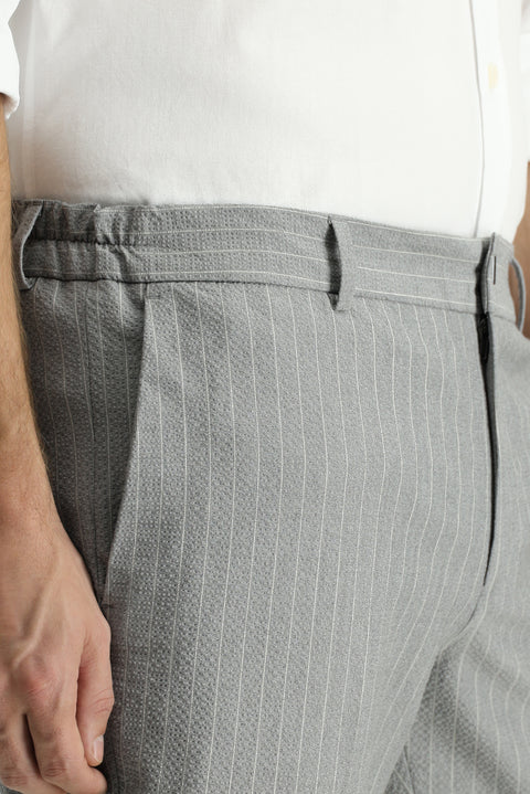 Medium Grey 7 Drop Slim Fit Narrow Cut Elastic Waist Lycra Striped Classic Fabric Trousers