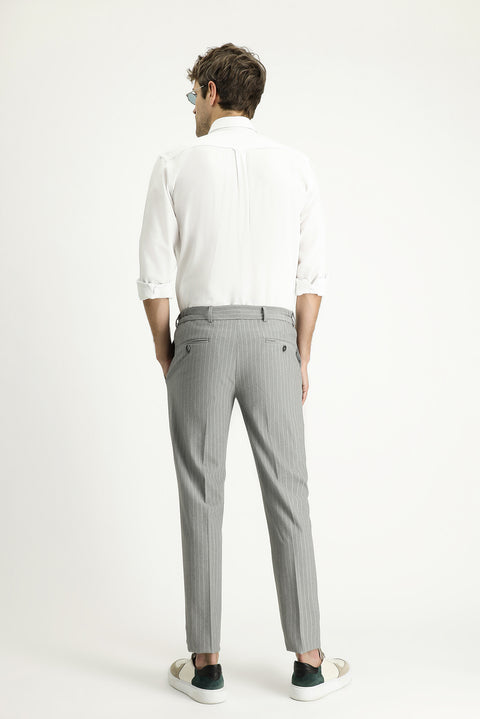Medium Grey 7 Drop Slim Fit Narrow Cut Elastic Waist Lycra Striped Classic Fabric Trousers