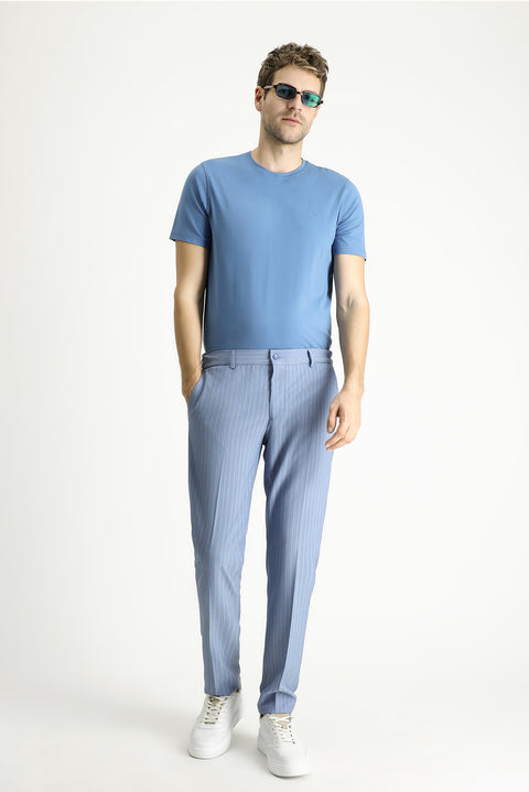Light Blue 7 Drop Slim Fit Narrow Cut Elastic Waist Lycra Striped Classic Fabric Trousers