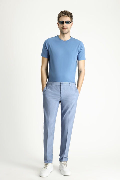 Light Blue 7 Drop Slim Fit Narrow Cut Elastic Waist Lycra Striped Classic Fabric Trousers