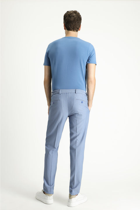 Light Blue 7 Drop Slim Fit Narrow Cut Elastic Waist Lycra Striped Classic Fabric Trousers