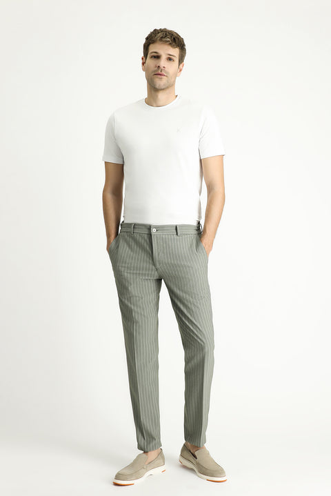 Küf Yeşili 7 Drop Slim Fit Dar Kesim Beli Lastikli Likralı Çizgili Klasik Kumaş Pantolon
