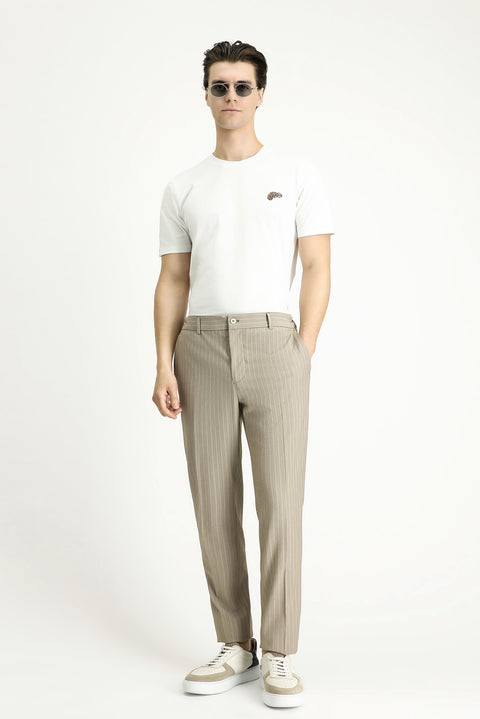 Medium Mink 7 Drop Slim Fit Narrow Cut Elastic Waist Lycra Striped Classic Fabric Trousers