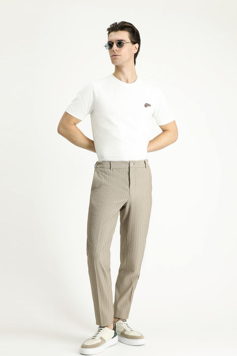 Medium Mink 7 Drop Slim Fit Narrow Cut Elastic Waist Lycra Striped Classic Fabric Trousers
