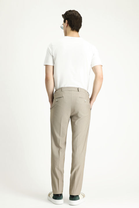Medium Mink 7 Drop Slim Fit Narrow Cut Elastic Waist Lycra Striped Classic Fabric Trousers