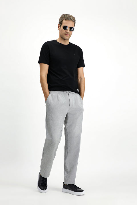 Black 6 Drop Regular Fit Standard Cut Lycra Striped Elastic Waist Drawstring Pleated Classic Fabric Trousers