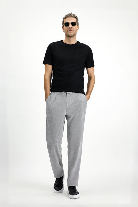 Black 6 Drop Regular Fit Standard Cut Lycra Striped Elastic Waist Drawstring Pleated Classic Fabric Trousers