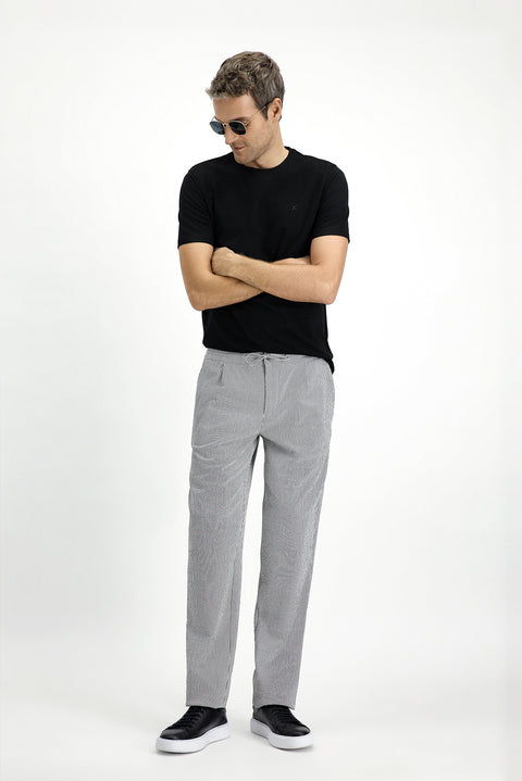 Black 6 Drop Regular Fit Standard Cut Lycra Striped Elastic Waist Drawstring Pleated Classic Fabric Trousers