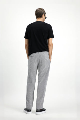  Siyah 6 Drop Regular Fit Standart Kesim Likralı Çizgili Beli Lastikli İpli Pileli Klasik Kumaş Pantolon