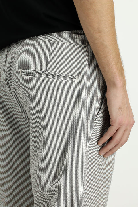 Black 6 Drop Regular Fit Standard Cut Lycra Striped Elastic Waist Drawstring Pleated Classic Fabric Trousers