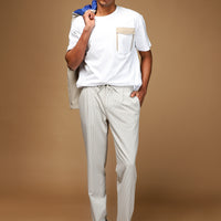Light Mink 6 Drop Regular Fit Standard Cut Lycra Striped Elastic Waist Drawstring Pleated Classic Fabric Trousers
