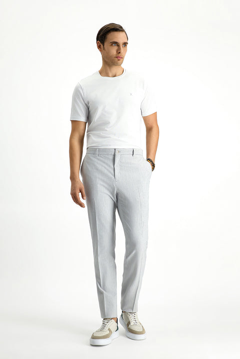 Light Grey 7 Drop Super Slim Fit Extra Narrow Cut Lycra Striped Classic Fabric Trousers