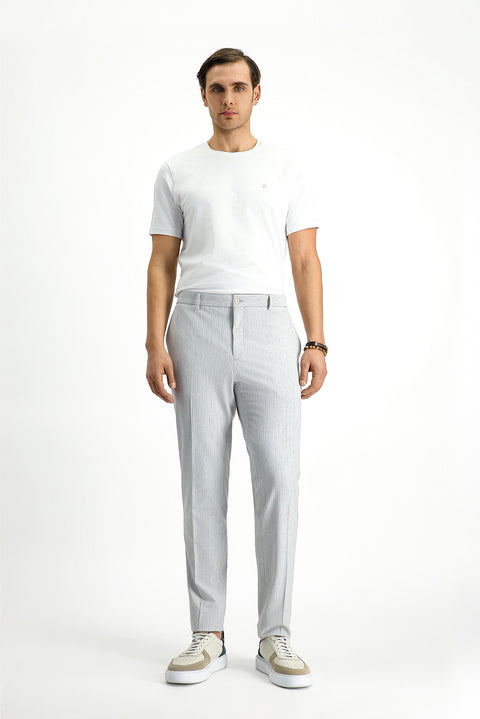 Light Grey 7 Drop Super Slim Fit Extra Narrow Cut Lycra Striped Classic Fabric Trousers