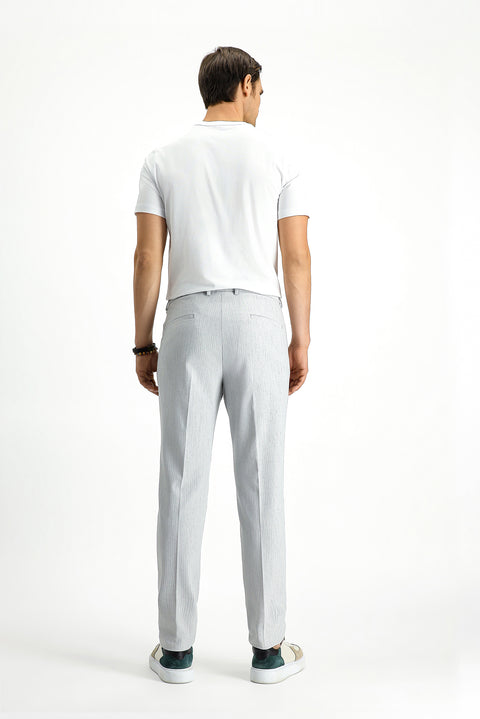 Light Grey 7 Drop Super Slim Fit Extra Narrow Cut Lycra Striped Classic Fabric Trousers