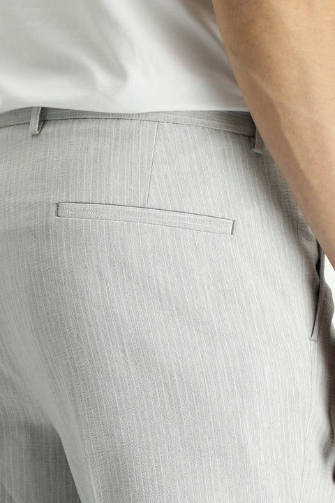 Light Grey 7 Drop Super Slim Fit Extra Narrow Cut Lycra Striped Classic Fabric Trousers
