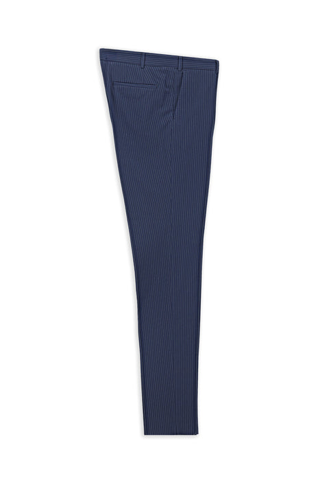 Light Navy 7 Drop Super Slim Fit Extra Narrow Cut Lycra Striped Classic Fabric Trousers
